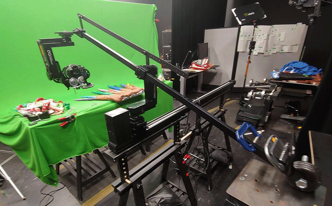 Motion Control rig in the Camera Room with motorized slider, pan/tilt head, lens and focus drive, and mini-jib.