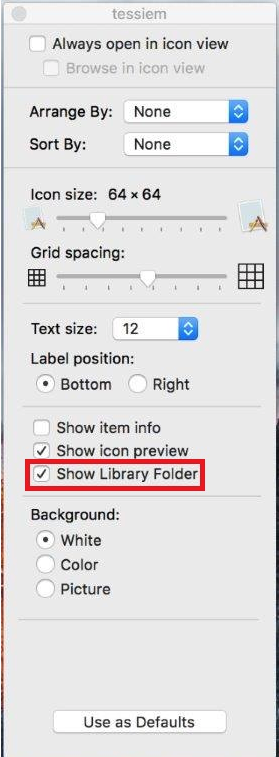 Finder view options window detailing various settings. A red box around a checked off box and the words "Show Library Folder"