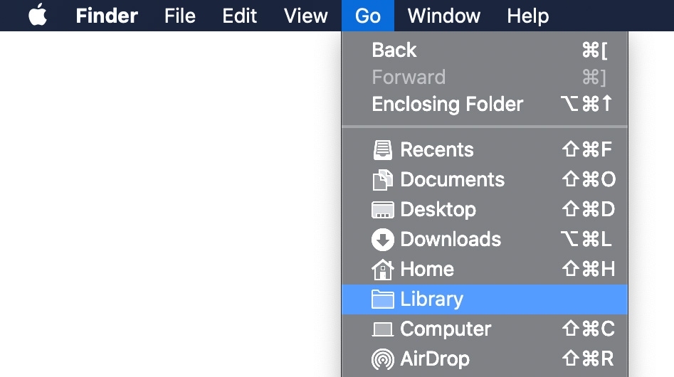 Finder toolbar with "Go" selected with a drop down menu with various folders to quickly navigate to. "Library" is highlighted