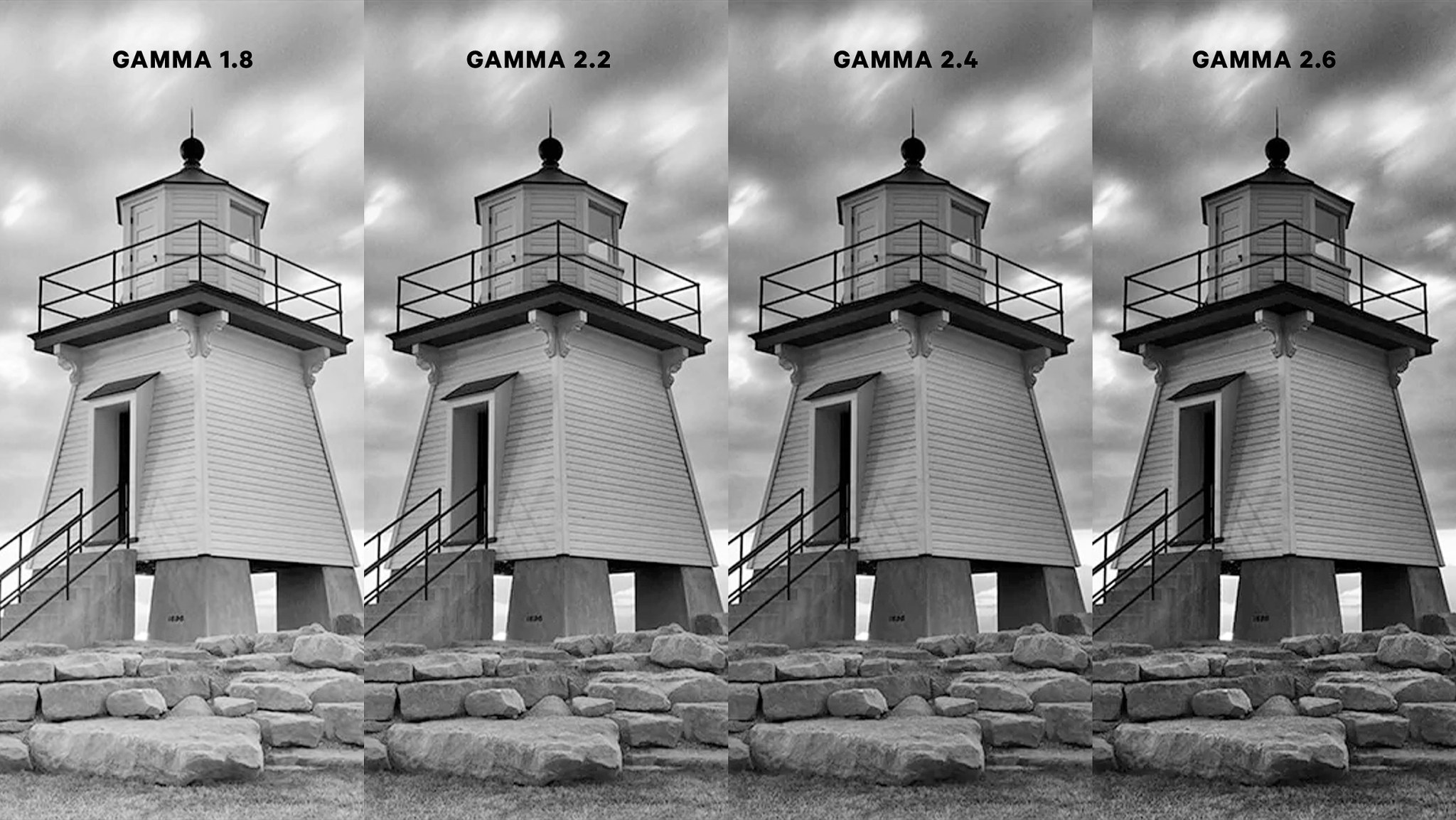 lighthouse image treated with various gamma levels